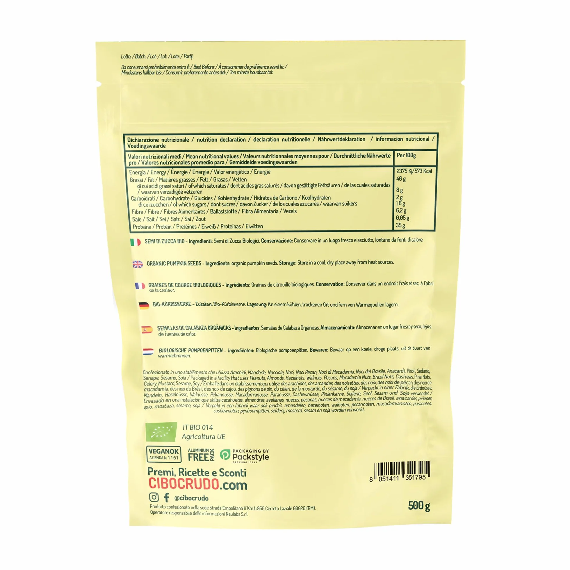Semillas de Calabaza para Comer Ecologicas - 500g. Pipas de Calabaza Contiene Fibra Proteína Omega-3/6 y Vitaminas B. Organic Pumpkin Seeds.