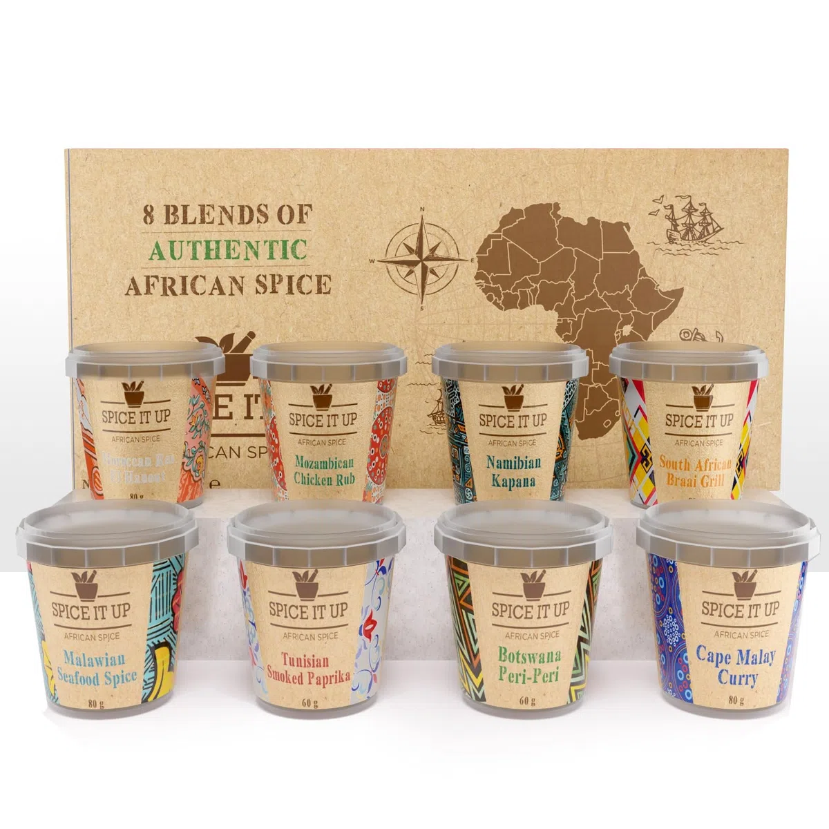 Cafféluxe Spice It Up – Auténticas especias africanas - Set de regalo para cocinar & hacer barbacoas – Harissa, Dukkah, Ras El Hanout y más (8 unidades)