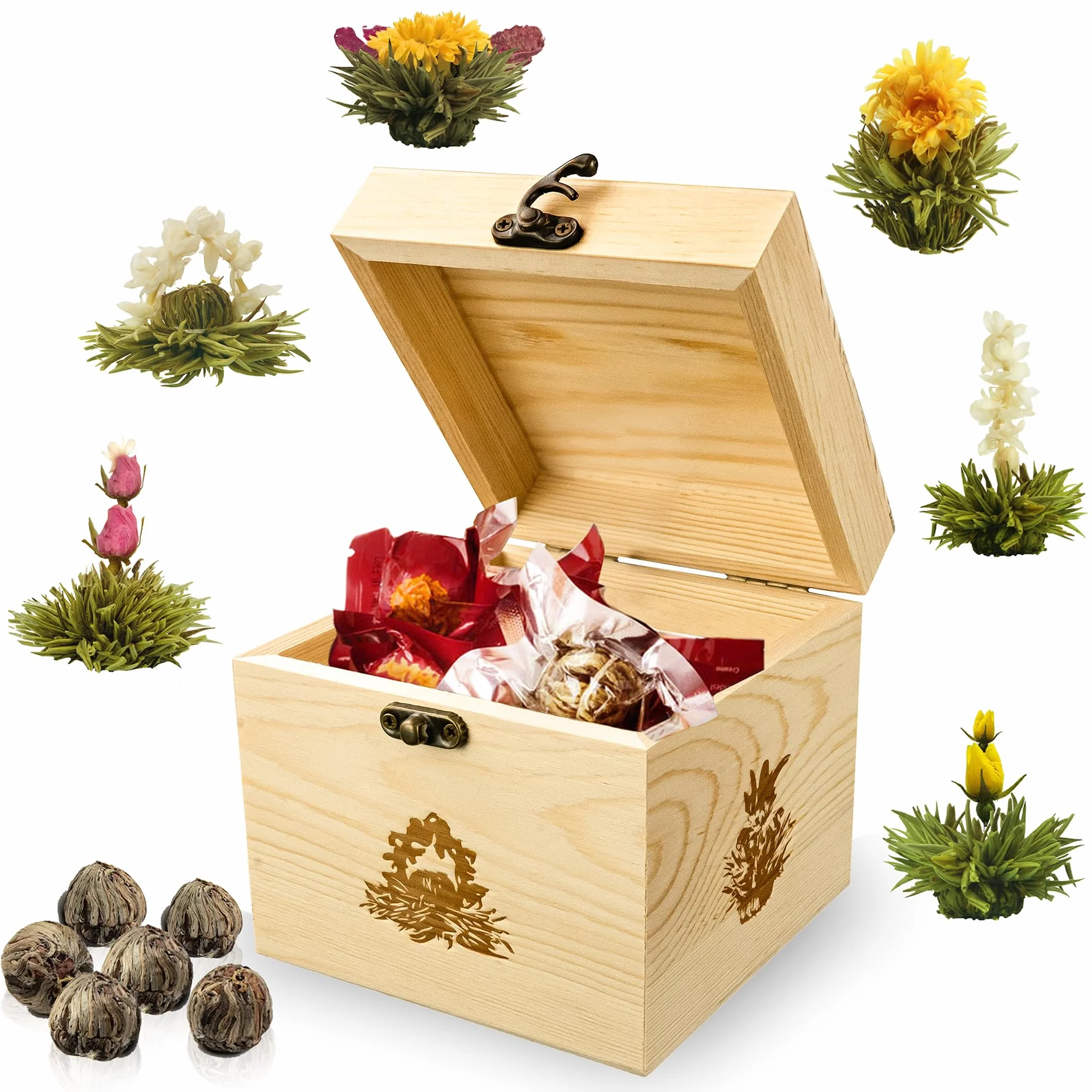 Creano Mix Flores de Té Blanco 6 uds – Cofre de Madera Premium con 6 Variedades – Regalo Sostenible