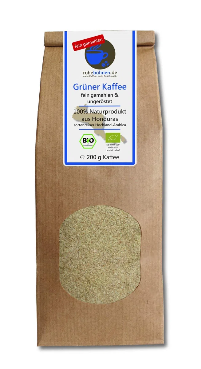 Café orgánico verde MOLIDO FINO 200 g (café verde vegano, por ejemplo para batidos) - Certificado GMP