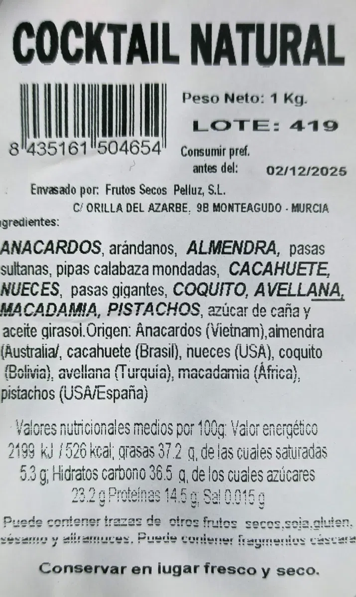 Revuelto Natural frutos secos 1 Kg - coctel natural - mix natural - pelluz - coquito - macadamia - pistacho - avellana - pasas - almendra - nuez - pipas calabaza - anacardo