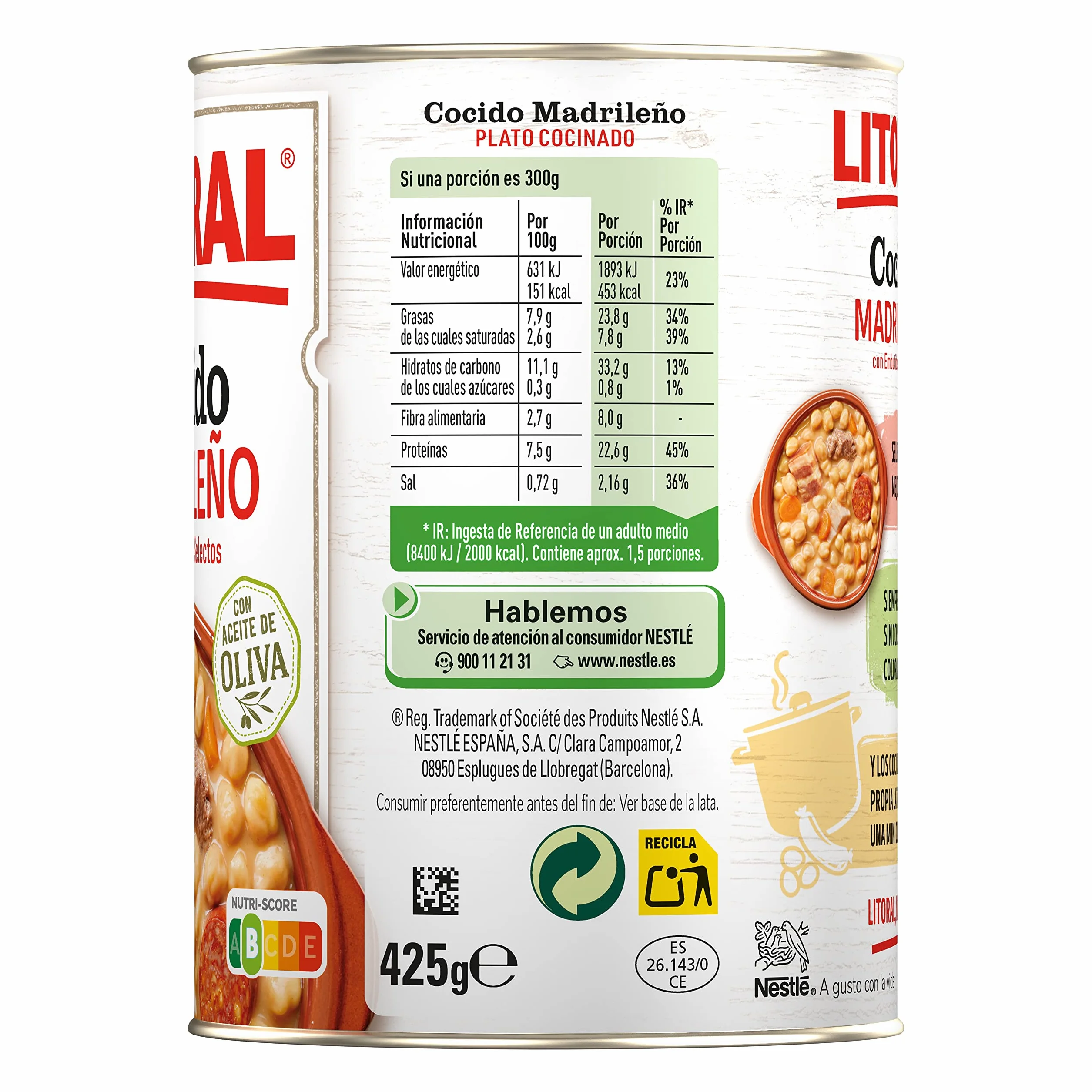 LITORAL Cocido Madrileño Plato Preparado Sin Gluten Pack 6x425g 2.55kg