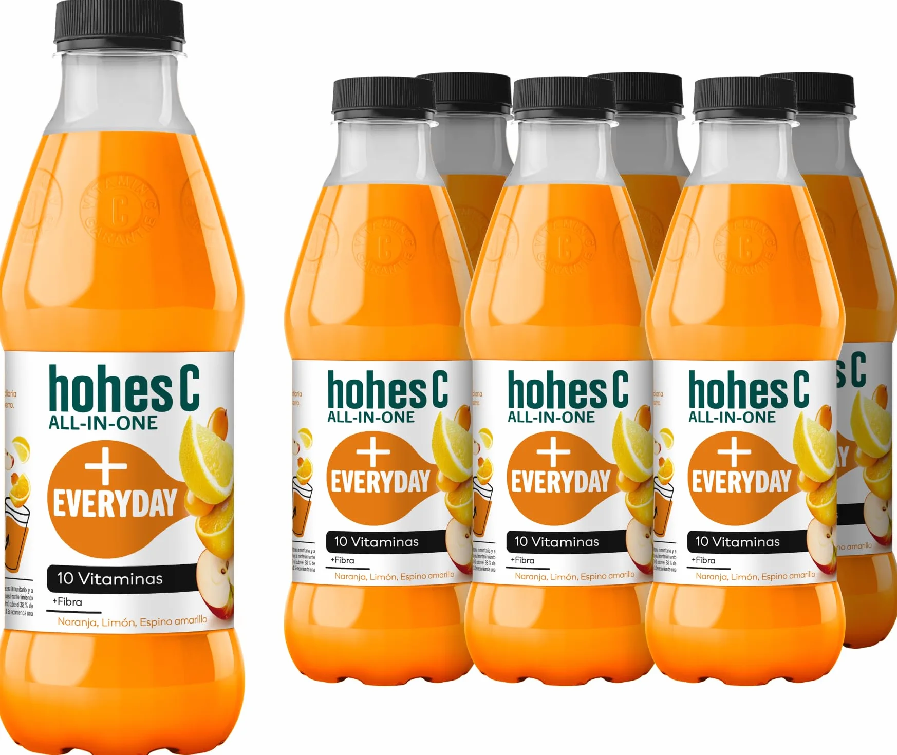 hohes C All in One Everyday Multifrutas de Naranja, Limón, Espino Amarillo con 10 vitaminas, Hierro y Fibra- Pack 6 x 1L