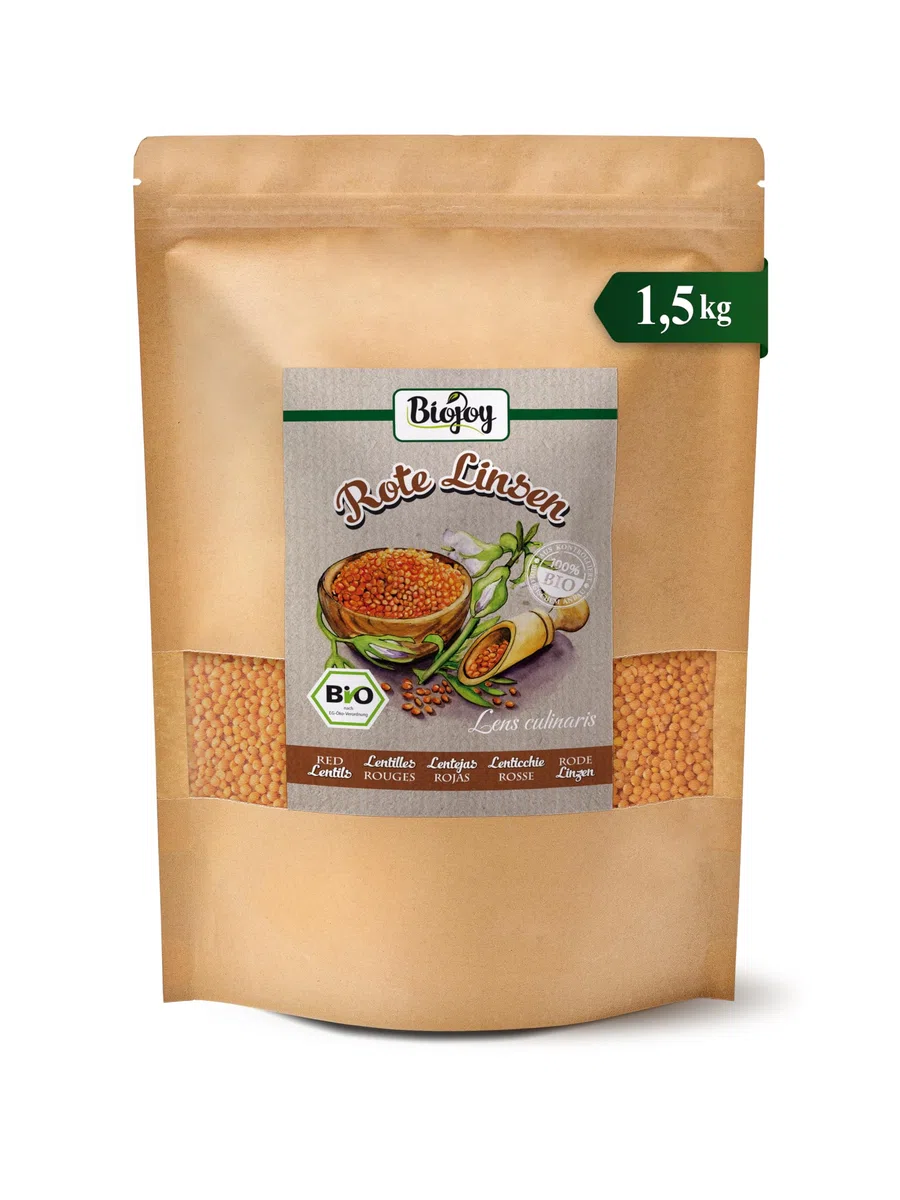 Biojoy Lentejas rojas BÍO (1,5 kg), crudas y enteras, "Balones de fútbol"