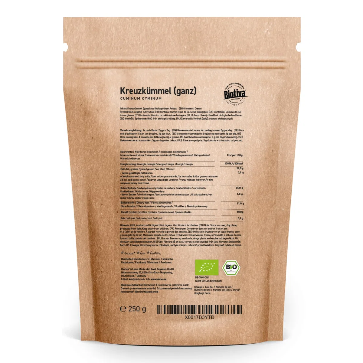 Biotiva Comino orgánico entero 250g - Empacado y controlado en Alemania (DE-ÖKO-005)