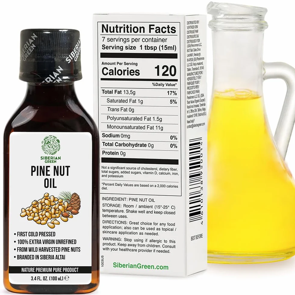 Aceite de nuez de pino siberiano 3.4 fl.oz / 100ml crudo extra virgen sin refinar, primer prensado en frío de piñones recolectados en el medio silvestre