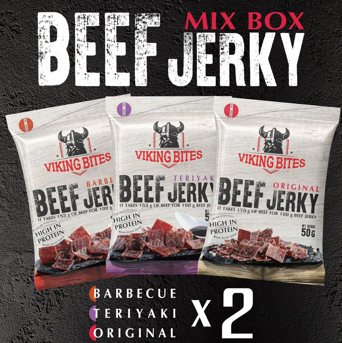 Viking Bites Beef Jerky, envase mixto de 300 g (6 x 50 g) - 2x Original, 2x Barbacoa, 2x Teriyaki - Cecina de ternera - Aperitivo de carne - Con un alto contenido de proteínas