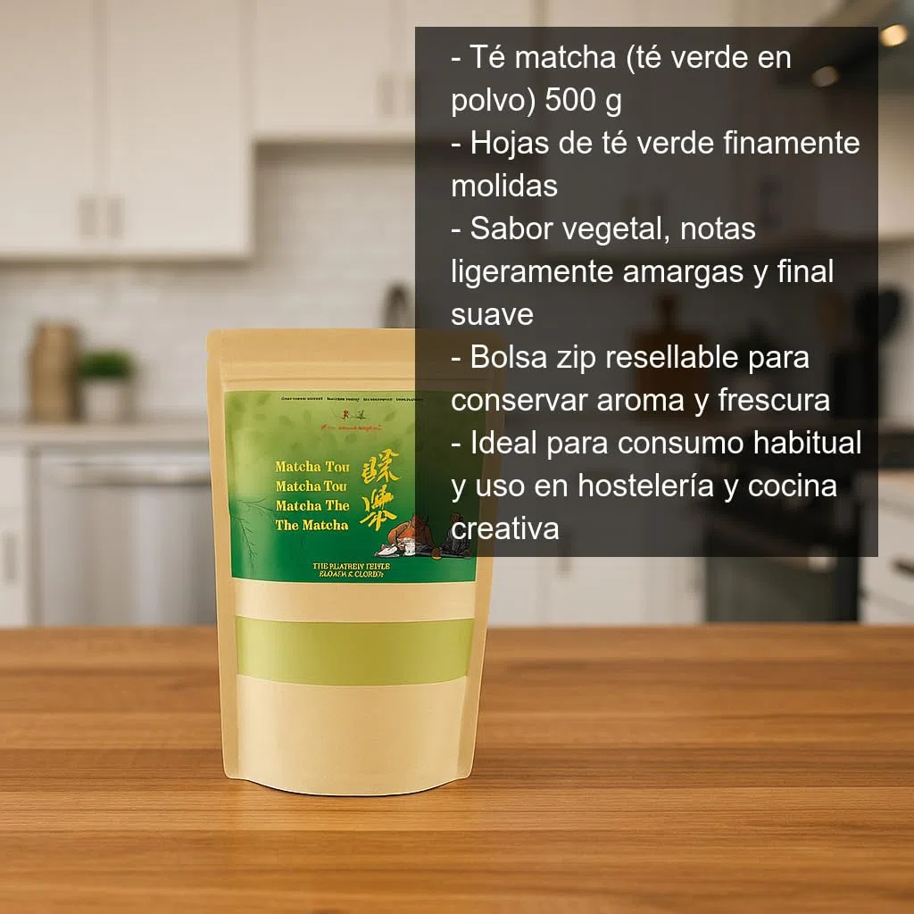 Té Matcha en Polvo 500 g Bolsa Zip Resellable, Té Verde Molido para Matcha Latte, Repostería y Bebidas Frías, Sabor Vegetal Suave, Uso Doméstico y Profesional