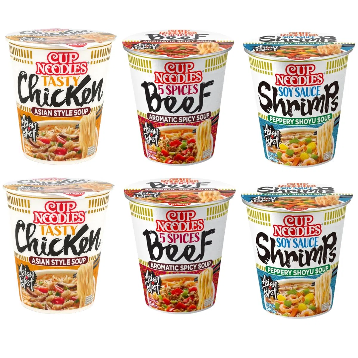 YIJIA | Pack 6 x 67grs Ramen Instantaneo Cup Noodles sabor Gamba, Pollo y 5 spices Ternera
