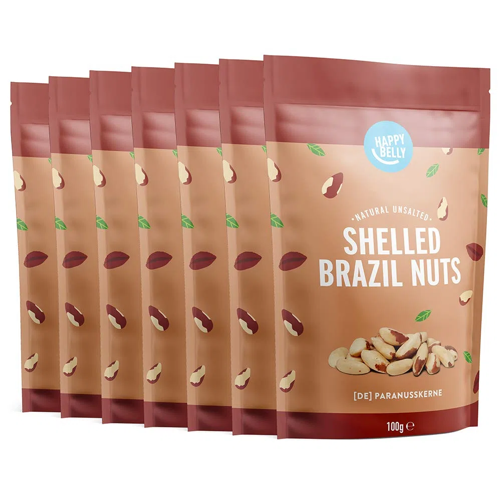 Marca Amazon - Happy Belly Nueces de Brasil sin cáscara, Sin Sal, 100g, Paquete de 7