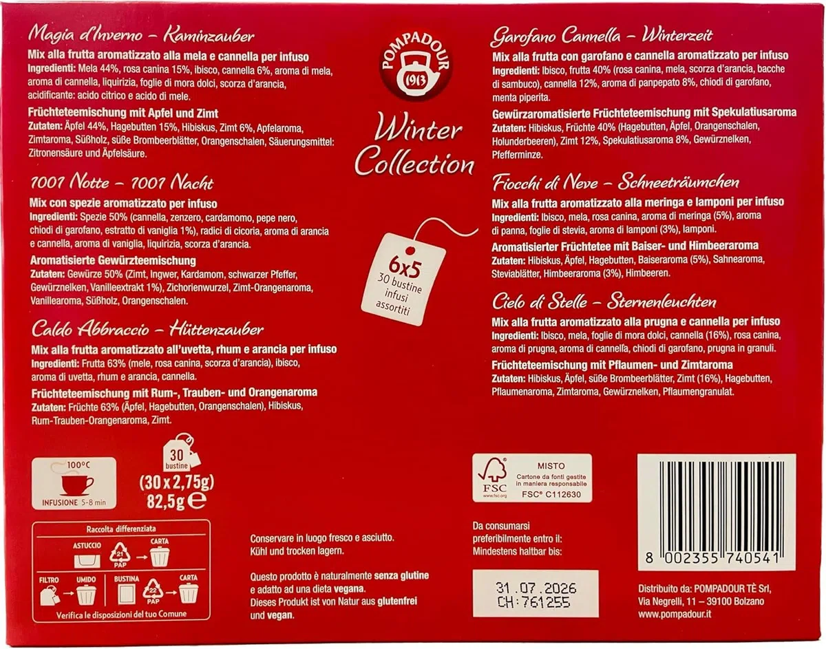 Pompadour 1913 Colección de invierno Surtido de té de hierbas y frutas sin cafeína - 1 x 30 Bolsitas de té (82,5 gramos)