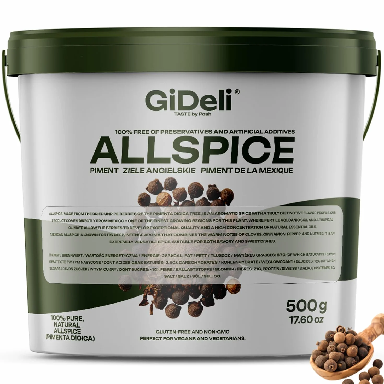 GiDeli Pimienta de Jamaica entera 500 g en el cubo de especias granos semillas de pimienta