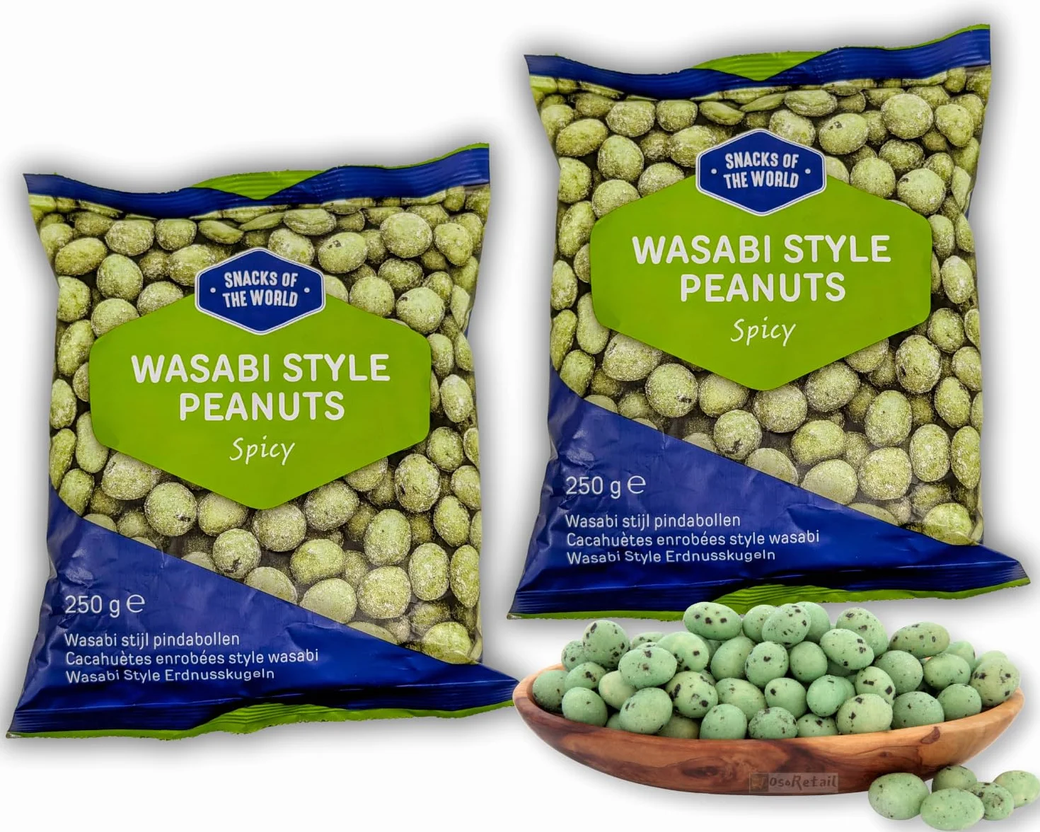 Pack 2×250 g Wasabi Style Peanuts “Snacks of the World” – Cacahuetes crujientes recubiertos de wasabi picante | Snack oriental premium, bolsa grande resellable