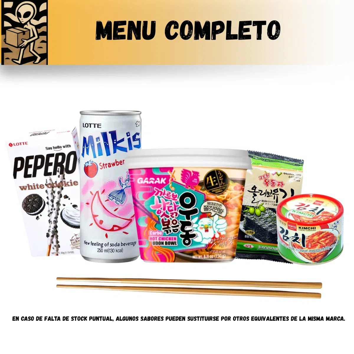 Menú Coreano – Pack de Comida Coreana Completa con Udon Garak, Kimchi, Bebida Milkis, Pepero y Algas