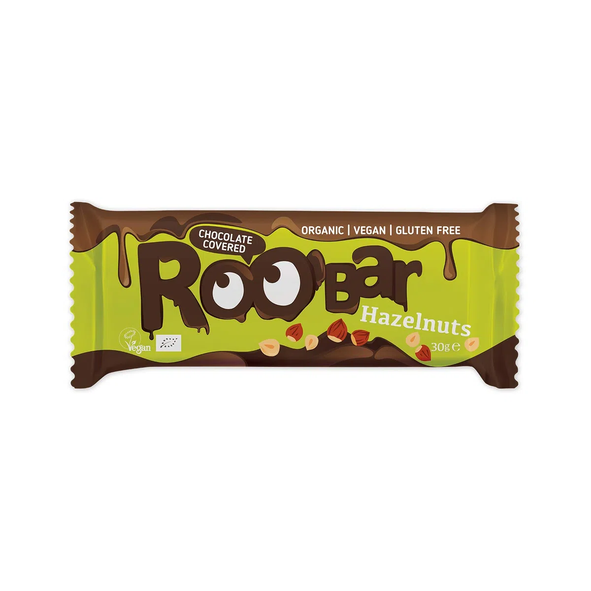 Roobar Barra De Avellana Cubierta De Chocolate - Barra Vegana 100% Orgánica. Sin Lácteos Ni Gluten, Sin Azúcar Refinado Añadido, 16 Barras De 30 g