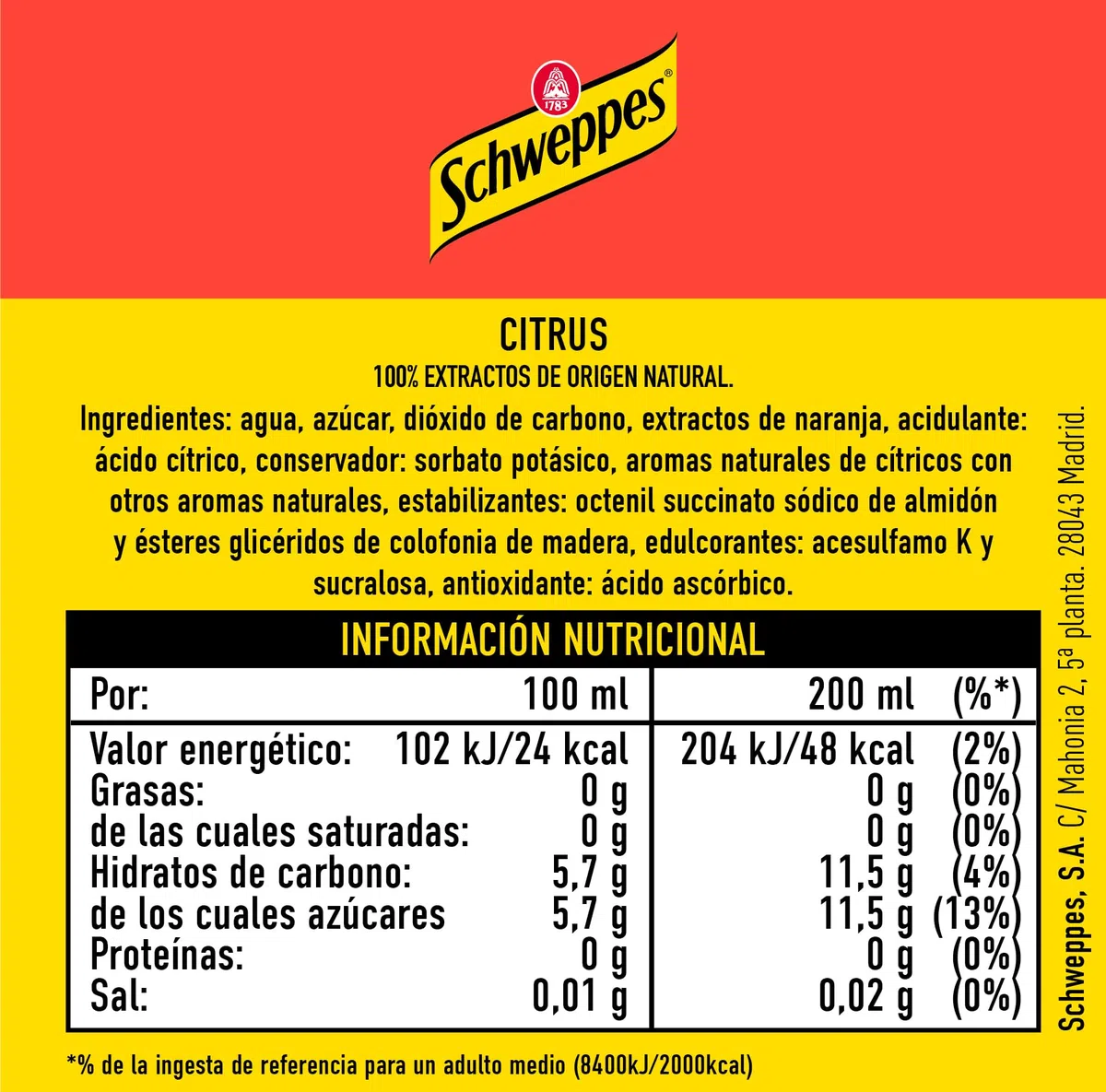 Schweppes Citrus Refresco Cítrico Bajo en Calorías, Bebida Refrescante - Lata, Pack 24 x 33 cl