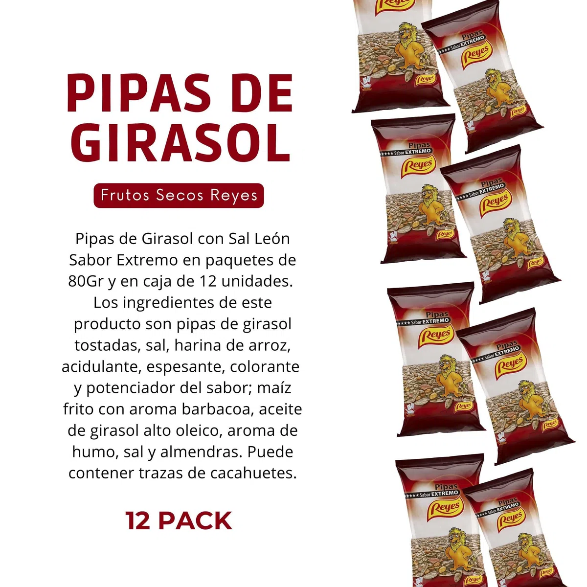 FRUTOS SECOS REYES Pipas de Girasol Naturales con Sal León 80 Gr x Caja 12 Unidades