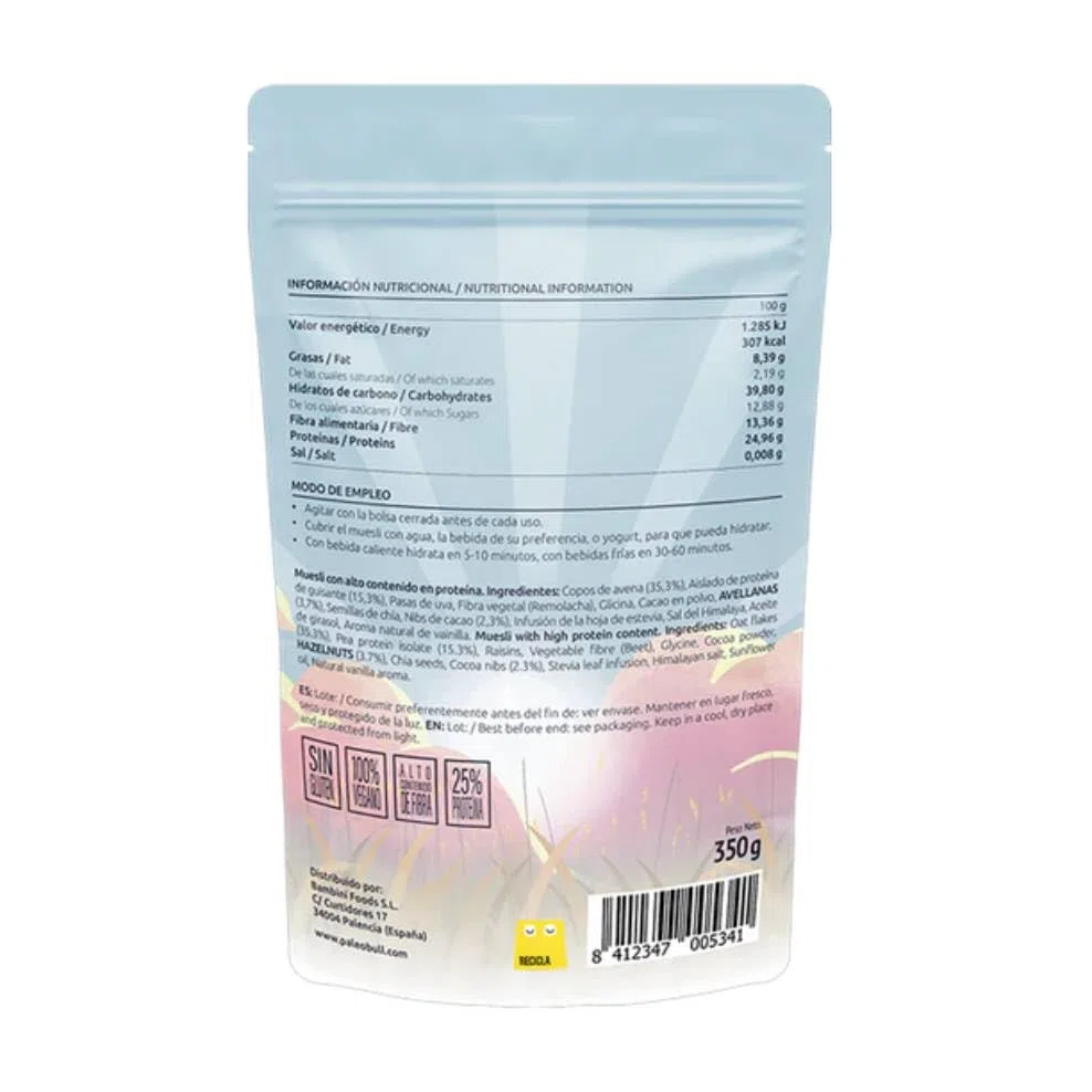 Avepro+ Paleobull 350 g, avena sin gluten con proteína vegetal, cacao y avellanas, alto en proteínas y fibra, vegano, sin lácteos ni edulcorantes, sabor cacao y vainilla.