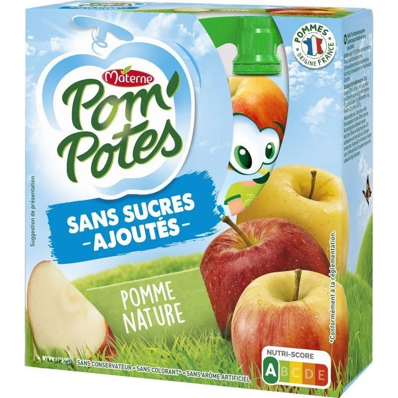 Pom'Potes Compota de Manzana Natural Sin Azúcares Añadidos, 12 Bolsas x 90g, Origen Francia