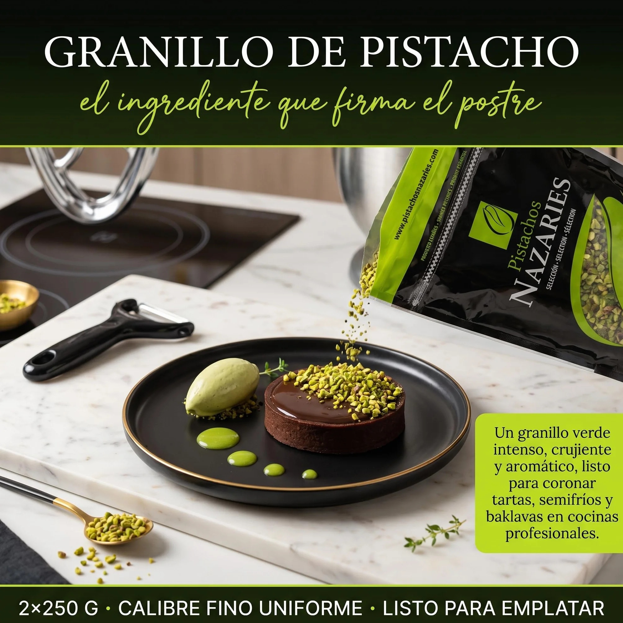 Nazaries Granillo de Pistacho al Natural Sin Sal pack 2x250 g Bolsa Hermetica Sin Gluten Andalucia Troceado Reposteria Helados Tarta Yogur Baklava Decoracion Postres Frutos Secos Picado Crudo Pelado