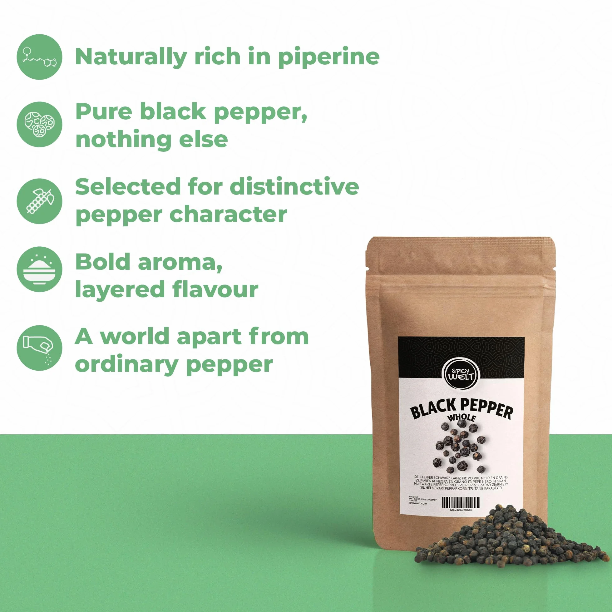 Spicy Welt Pimienta Negra en Grano (1kg) – Granos de Pimienta para Molinillos – para Sopas, Salsas & Verduras Asadas | Aromático, Intenso & Fresco | 100% Natural, Sin Aditivos