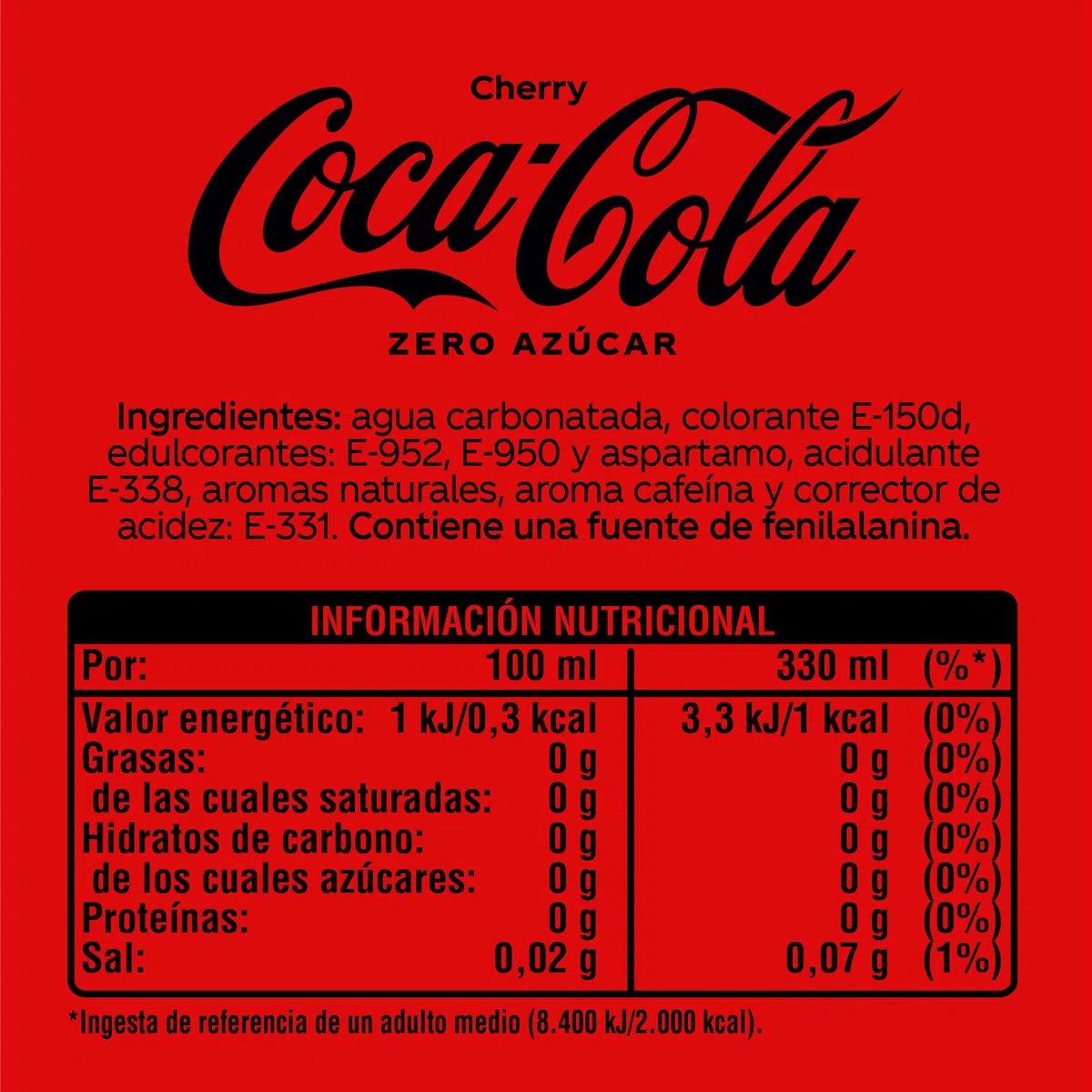 Coca-Cola Zero, Refresco de Cola sin Azúcar Sabor Cherry - Pack 24 latas de 330 ml