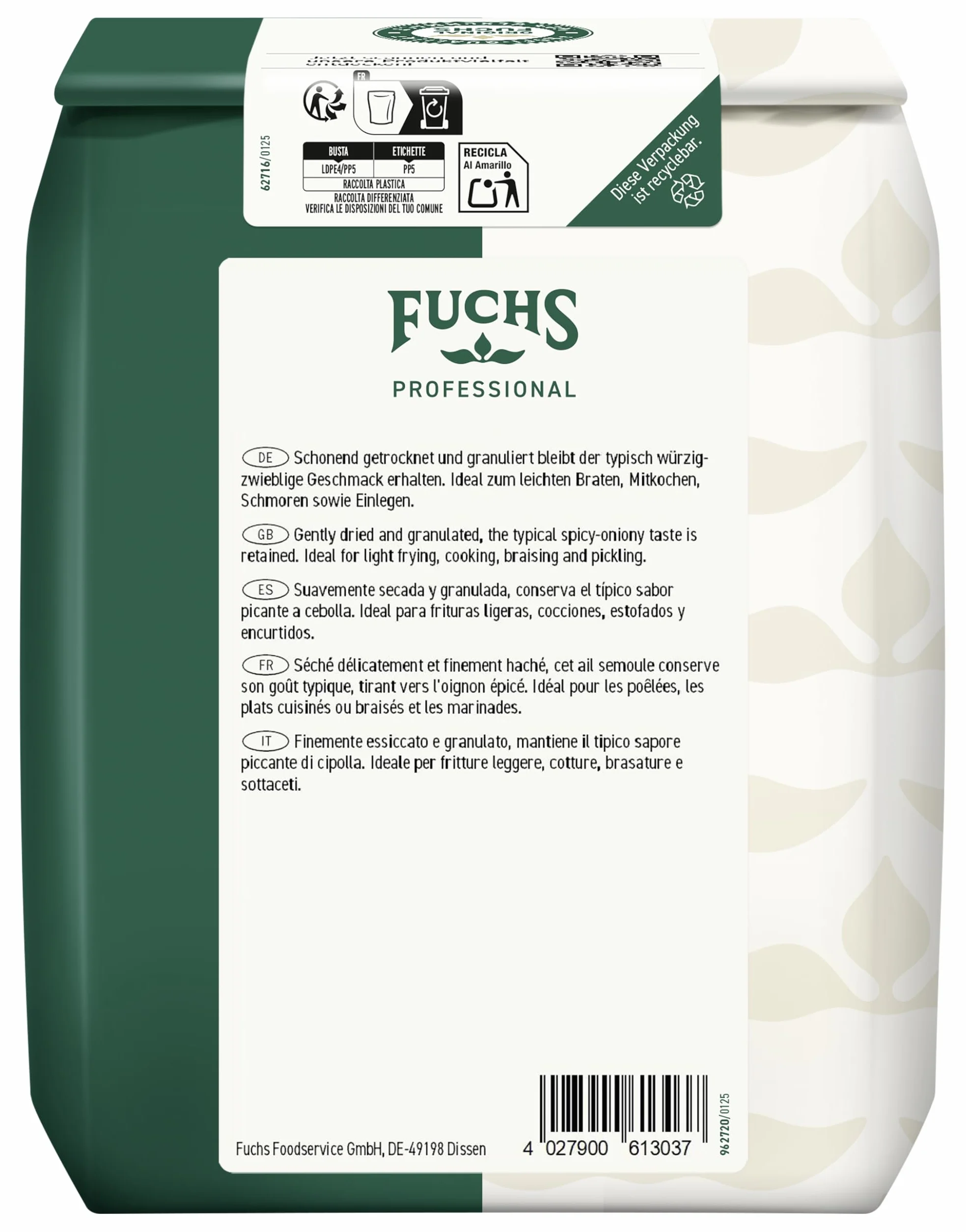 Fuchs Professional - ajo granulado | 1 kg en bolsa reciclable | Ajo en polvo para condimentar platos de carne, verduras y pescado | Calidad profesional para consumidores a granel y gastronomía