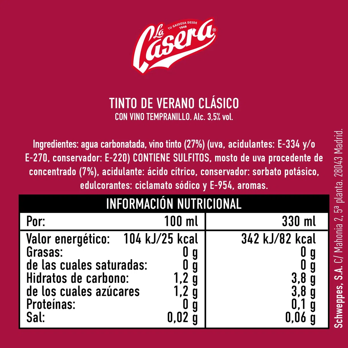 La Casera Tinto de Verano con Gaseosa - Lata, Pack 24 x 33 cl