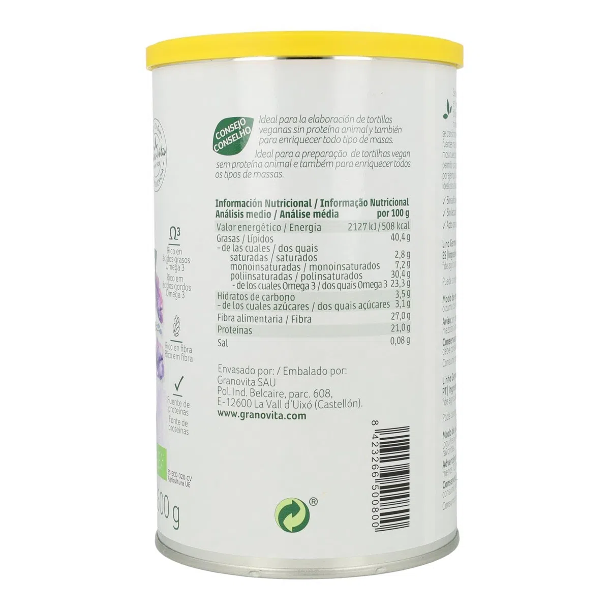 Granovita - Lino Germinado Molido - 100 % Natural - Rico en Omega 3 - Fuente de Proteínas - Mejora la Absorción de Nutrientes - Origen Vegetal - Apto para Veganos - 500 g