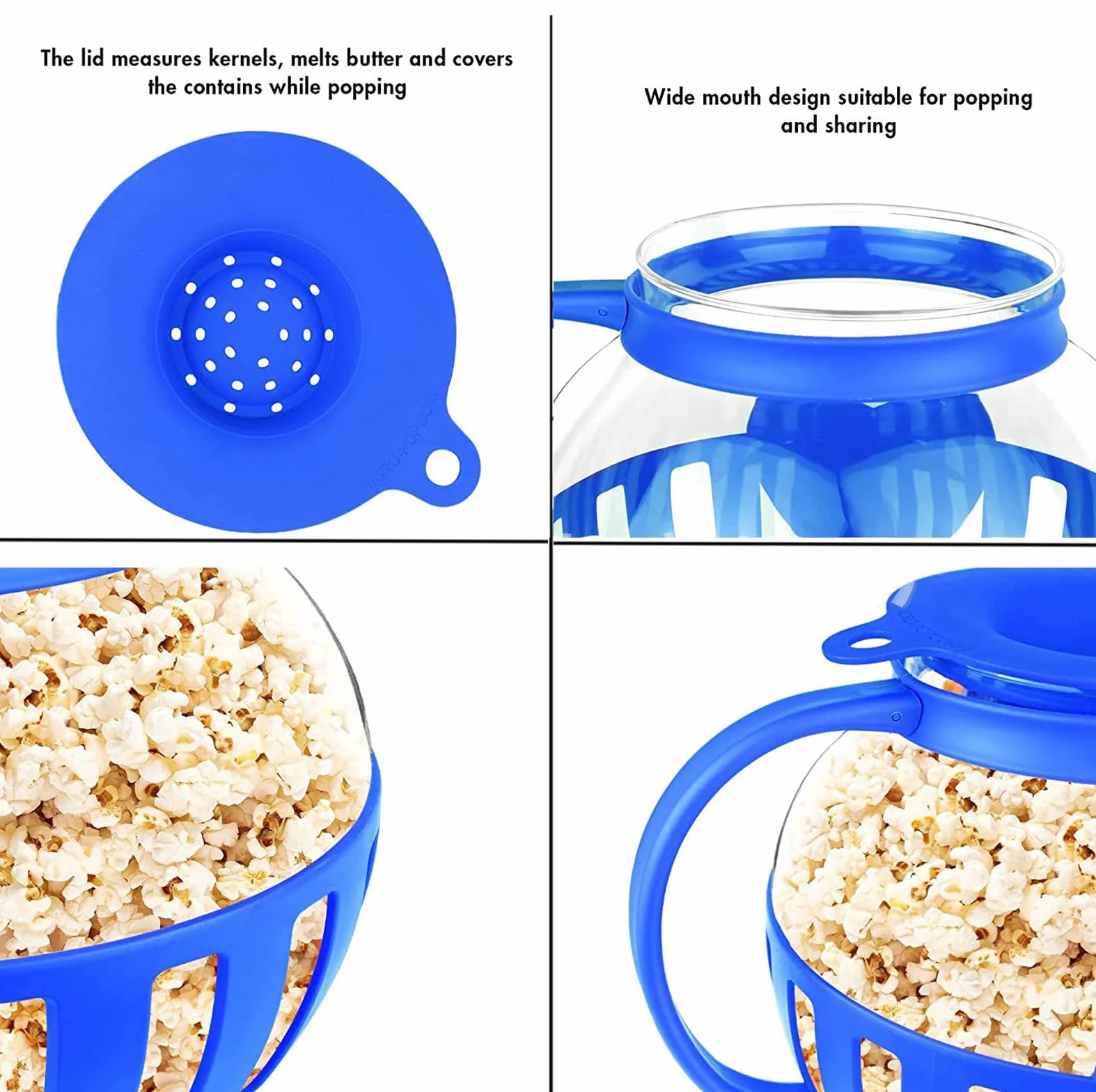 Palomitas de maíz para microondas, cristal de borosilicato, apto para microondas, lavavajillas, reuniones, fiestas, picnics, color azul