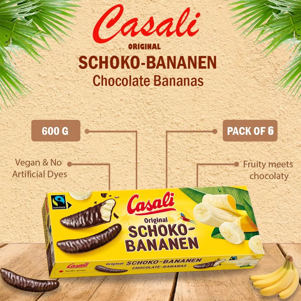 Casali Schoko Bananen - Irresistibles golosinas de plátano recubiertas de chocolate - 48 piezas, 600 g - 6x