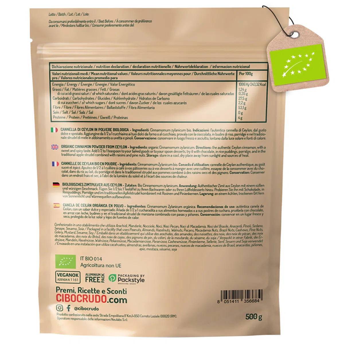 Canela de Ceylan en Polvo Ecologica - 500g. Canela Ceylan en Polvo Vegana 100% Natural y Pura de Calidad sin Aditivos ni Conservantes.