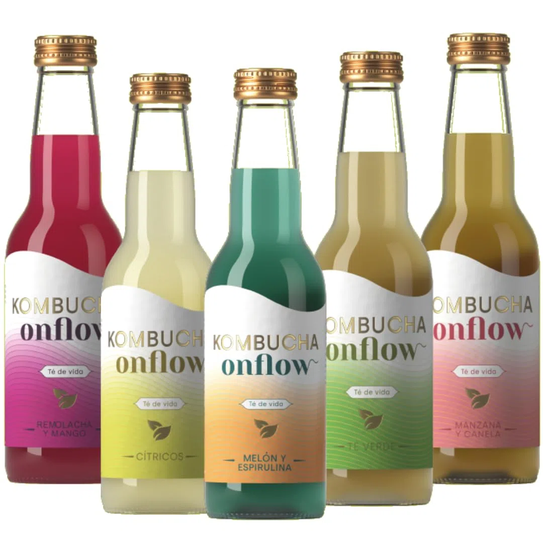 Kombucha Natural Onflow, Té Kombucha Sin Azúcar, Sabores: Jenjibre-Limón, Té Verde, Mango-Remolacha, Fruta de la Pasión, Cereza, Melón-Espirulina, Manzana-Canela, Pack 7 Botellas x 33cl