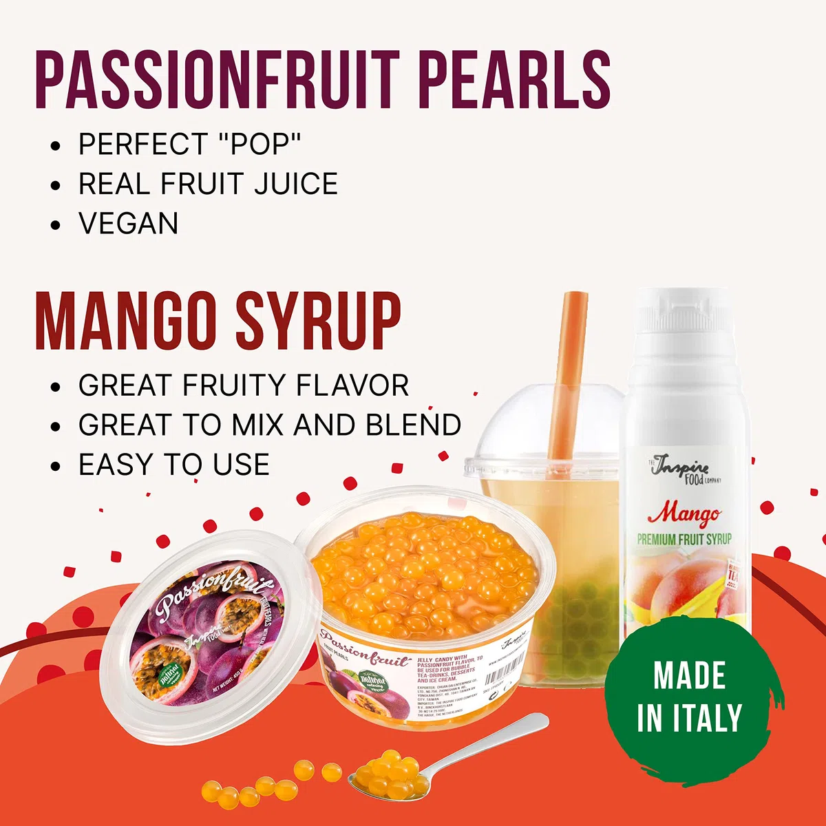 INSPIRE FOOD Set de Perlas de Bubble Tea - 1x Maracuyá Popping Boba Perlas de Fruta 450g, 1x Jarabe de Mango 300ml, 2x Sorbetes | 100% vegetariano y sin gluten, sin colorantes artificiales