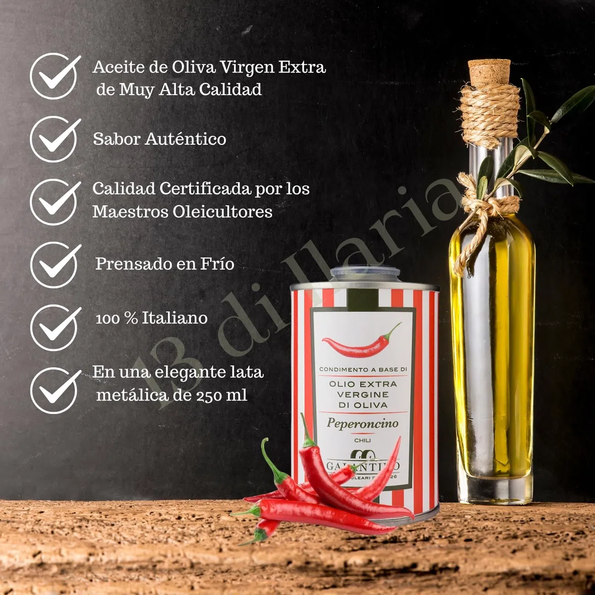 Aceite de Oliva Virgen Extra con Chile 250 ml | Lata Gourmet, Italiano Artesanal, Prensado en Frío | Sabor Fresco y Natural