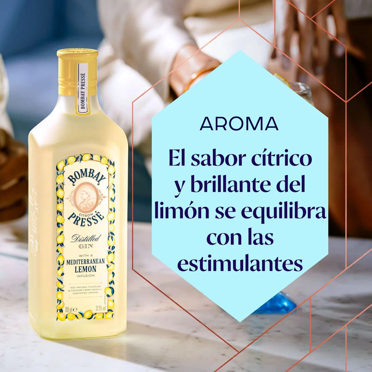 Bombay Citron Pressé Premium Distilled Lemon Flavoured Gin, 37,5% vol., 700 ml, Ginebra infusionada al vapor con los mejores limones del Mediterráneo, 70 cl