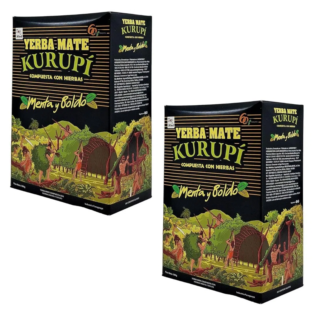 Pack 2 Yerba Mate Kurupí Menta y Boldo 500 g | Total 1 kg | Sabor Refrescante y Digestivo | Yerba Mate Aromatizada Paraguaya | Ideal para Mate y Tereré