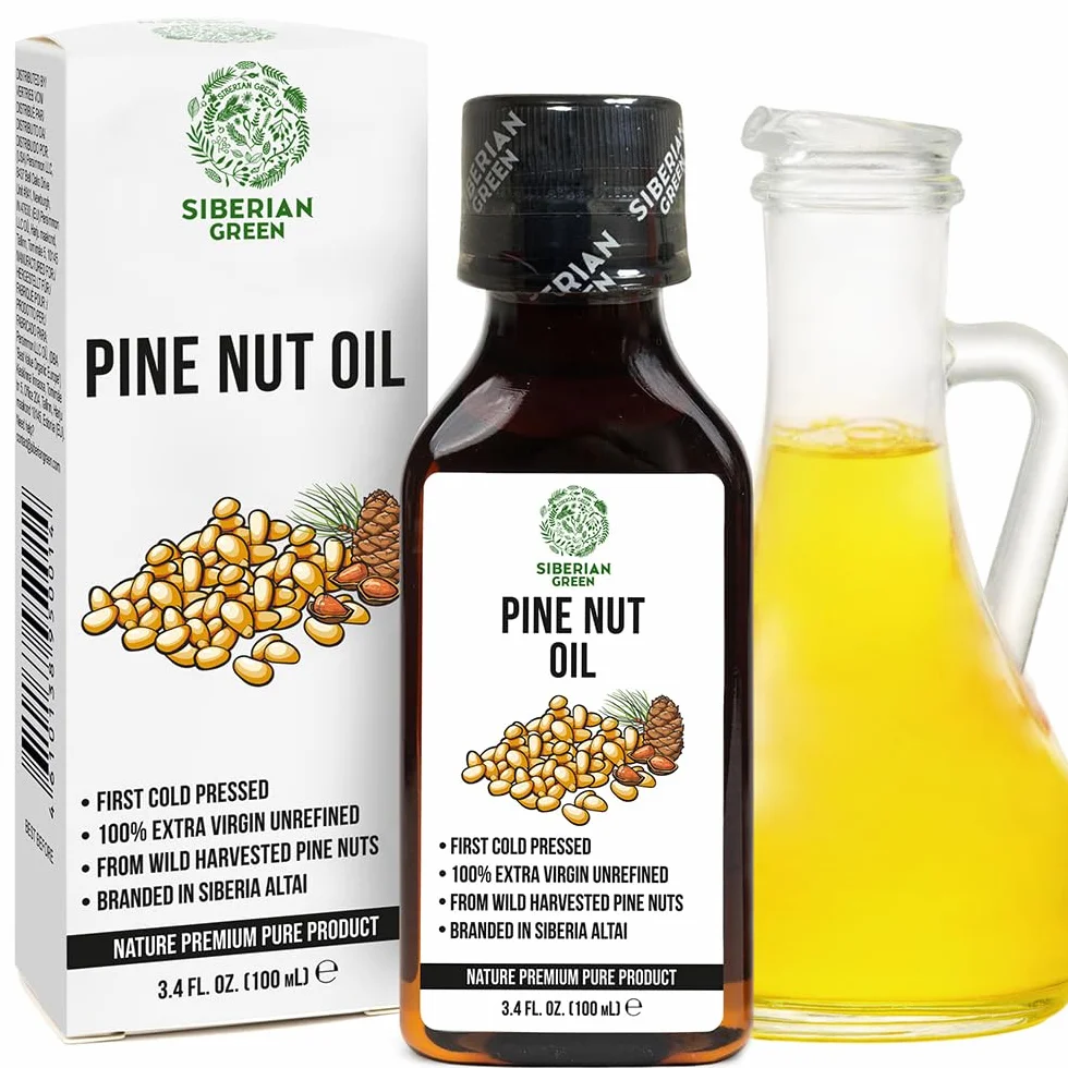 Aceite de nuez de pino siberiano 3.4 fl.oz / 100ml crudo extra virgen sin refinar, primer prensado en frío de piñones recolectados en el medio silvestre
