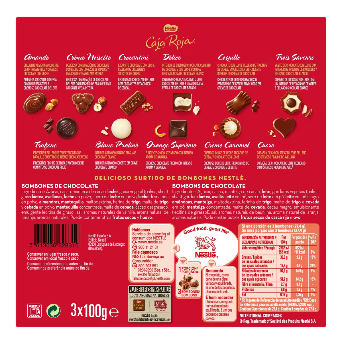 Nestlé - Caja Roja, Bombones Chocolate con Leche (3 x 100 g), Lote 2+1.