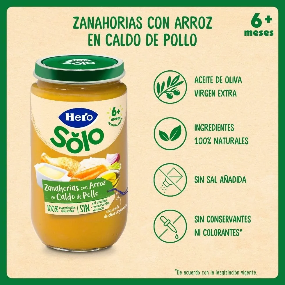 Hero Baby Tarritos Infantiles Zanahorias con Arroz en Caldito de Pollo Sin Aceite de Palma 235 g Paquete de 12