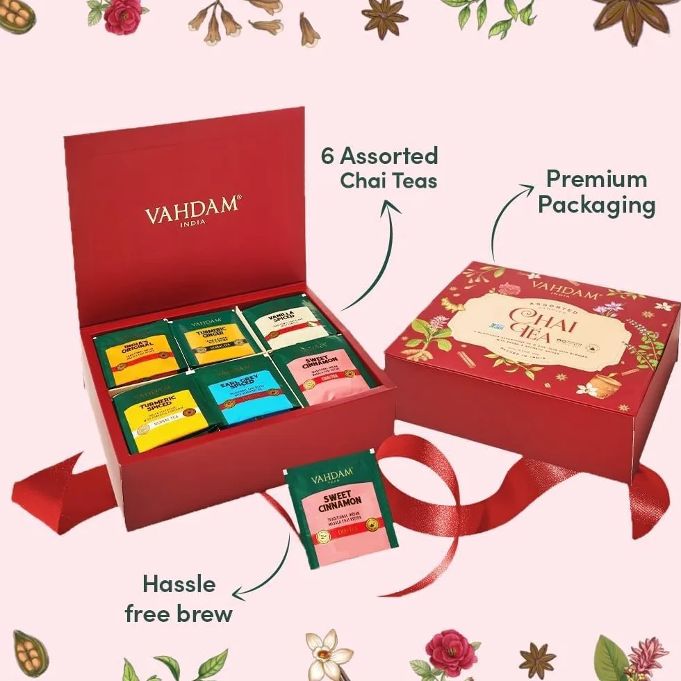 VAHDAM Caja De Regalo Variada De Té Chai (6 Sabores, 36 Bolsas) Con Cafeína, Sin Gluten, Sin OGM | Caja De Infusión De Con Mezclas De Indio Masala Chai