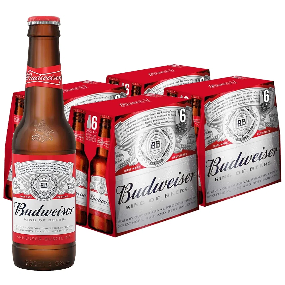 Budweiser Cerveza, Pack 24 botellas x 25 cl, Cerveza Estilo American Lager, Sabor Refrescante, Doble Fermentación, 4.8% Volumen de Alcohol