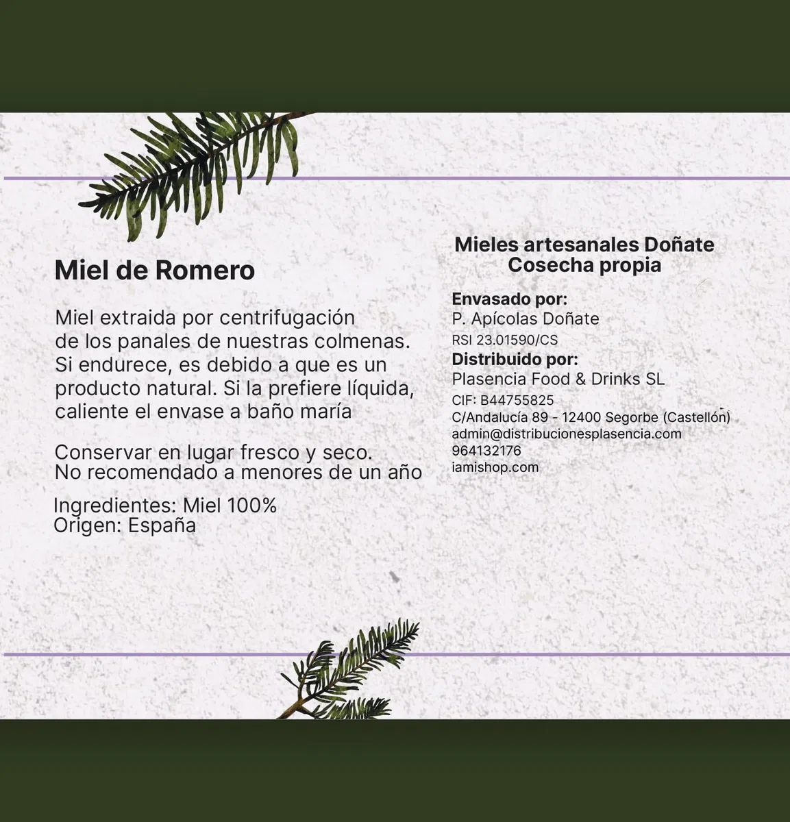 Miel Cruda de Romero 100% Pura - 500gr - Miel Natural Artesanal elaborada por nuestros Apicultores de la Sierra de Espadán en Castellón - Tradición y Legado de nuestra Tierra
