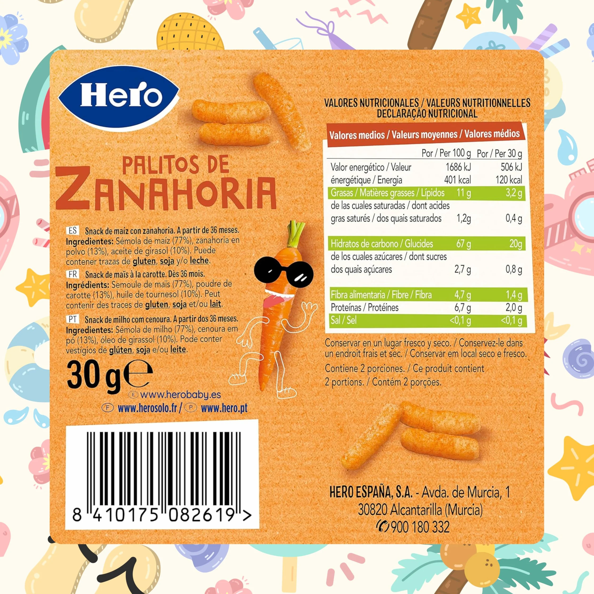 Hero – Snack Bâtonnets Carotte, Sans sucre, gluten, huile de palme ni allergènes, origine naturelle, produit écologique – Pack de 9x30 g