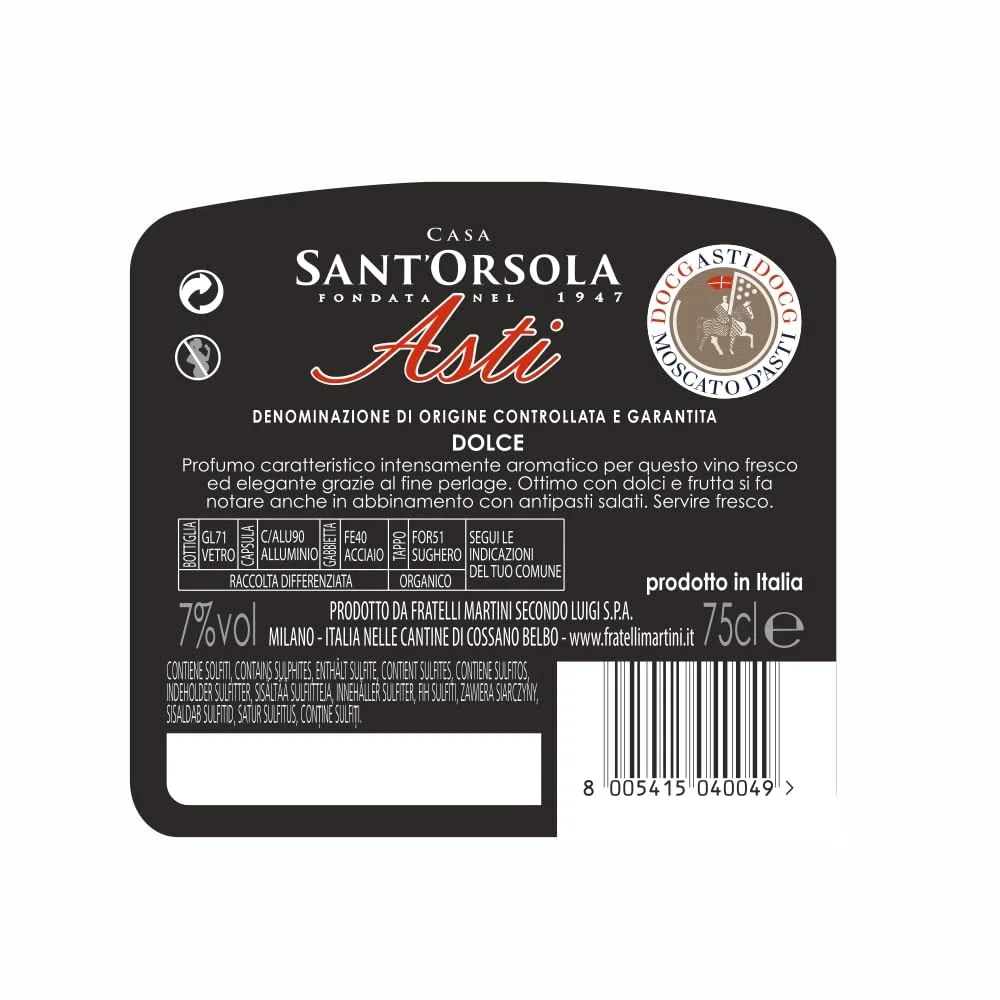 Sant'Orsola Prosecco DOC Extra Dry Millesimato + Asti DOCG Vino Espumoso Italiano - 2 Botellas X 750ml