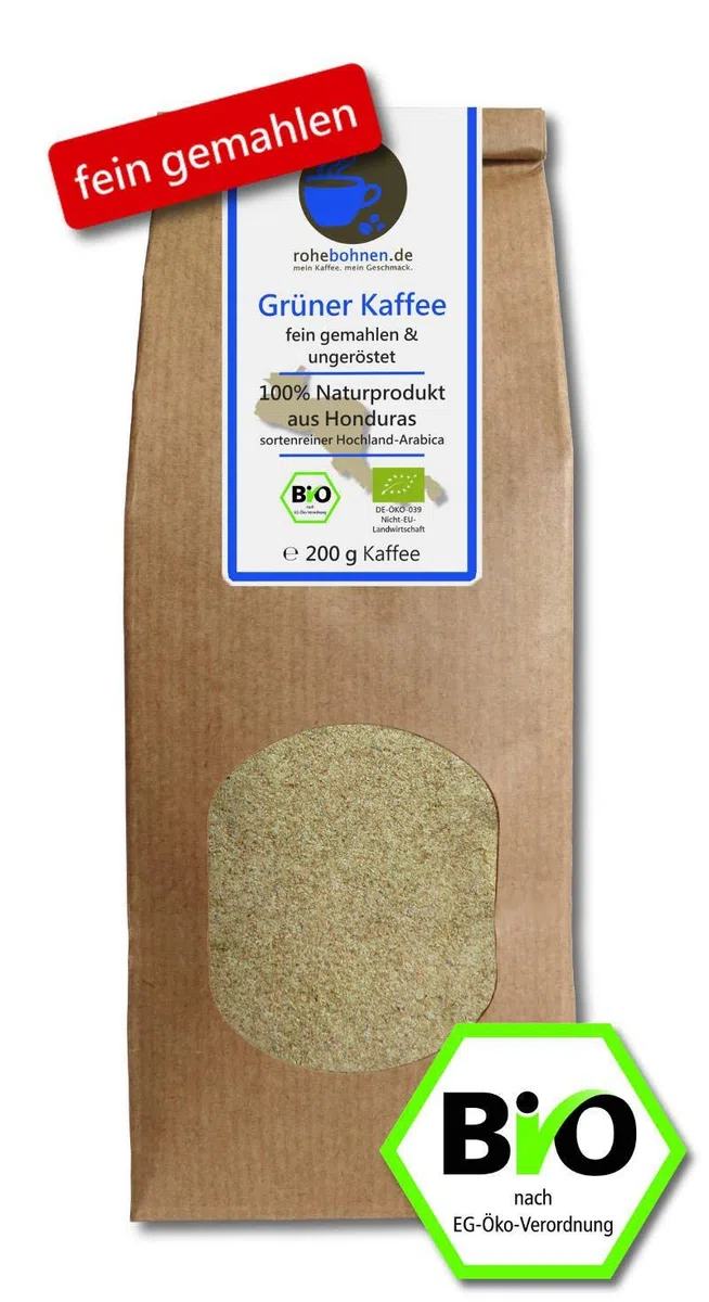 Café orgánico verde MOLIDO FINO 200 g (café verde vegano, por ejemplo para batidos) - Certificado GMP