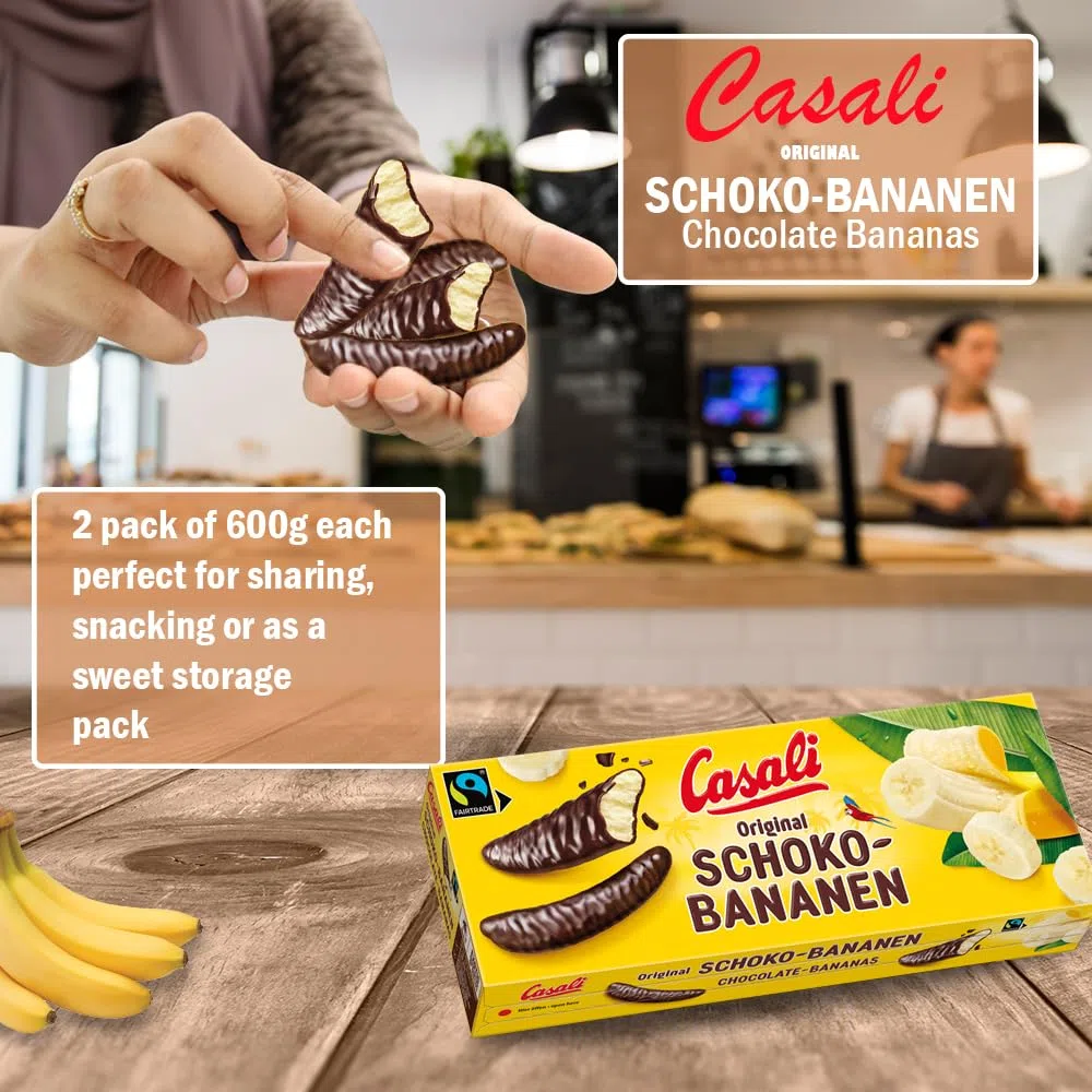 Casali Schoko Bananen - Irresistibles golosinas de plátano recubiertas de chocolate - 48 piezas, 600 g - 6x