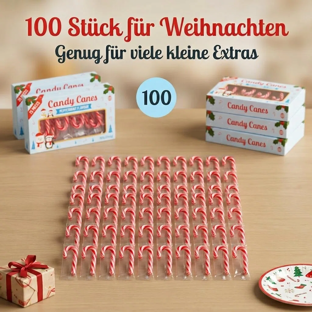 MIJOMA Mini Zuckerstangen 100 piezas – Sabor a menta – Dulce navideño – Paquete de 4 x 25 unidades – vegano halal sin gluten – rojo-blanco – clásicas Candy Canes