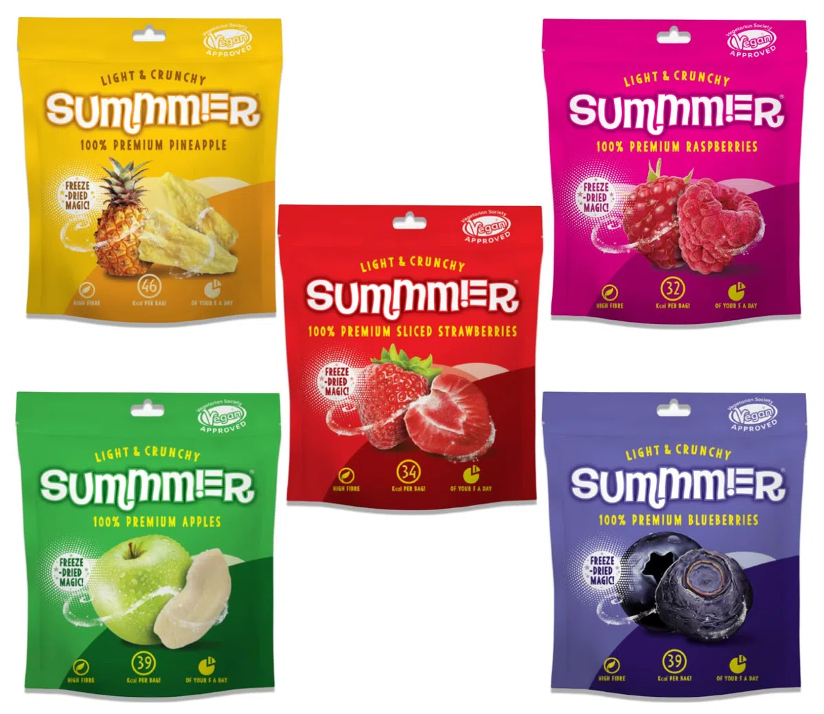 Tasty Freeze Dried Fruit 60 g (4x11 g 1x16 g) - 5 Snack Bags - Strawberries, Raspberries, Pineapples, Blueberries & Apples - No Added Sugar, 100% Natural Freeze Dried Fruit Snack For Kids & Adults