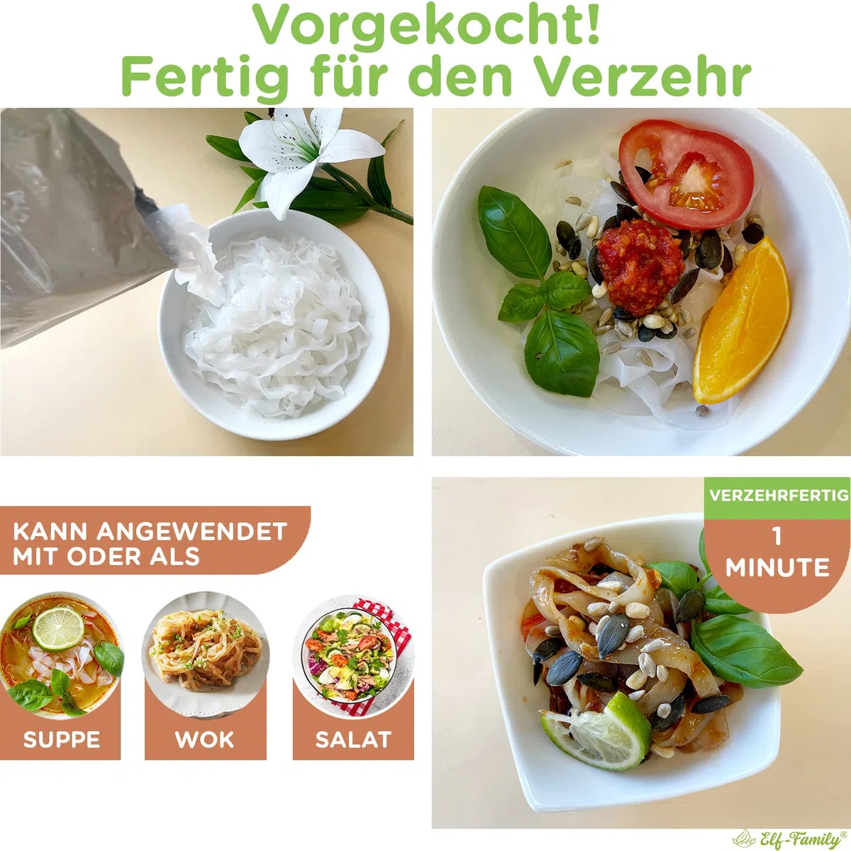 Elf-family Bio Pasta Konjac Keto Carbohidratos Ultrabajos/Vegano/Sin Gluten 270 g x 6 cajas(12 paquetes), Fideos Konjac Noodles Shirataki Noodles/Sin azúcar/Bajo en Calorías - Fettuccine